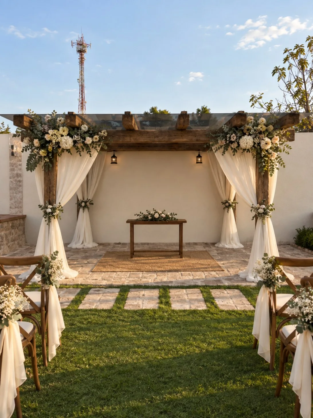 Pergolado do Espaço Maison Pierre decorado para uma cerimônia de casamento